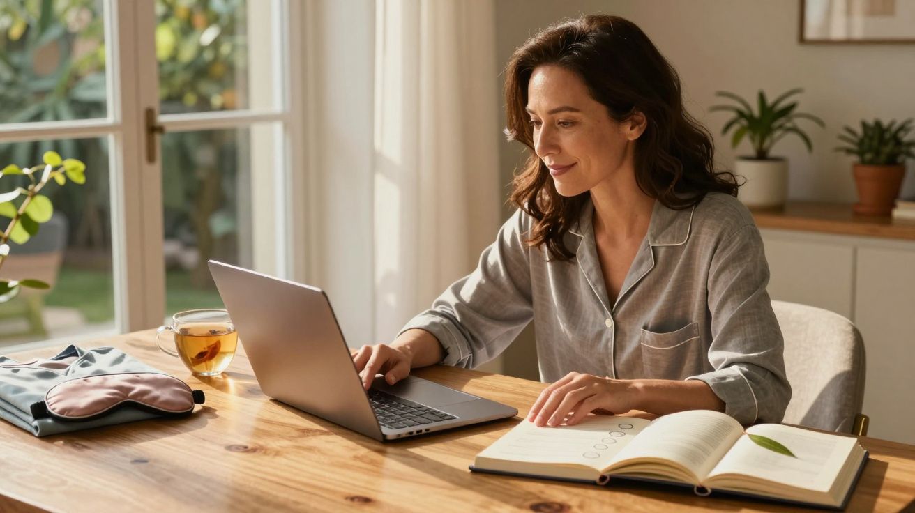 Mulher sorridente a trabalhar num portátil numa mesa com caderno, chá e máscara de dormir.