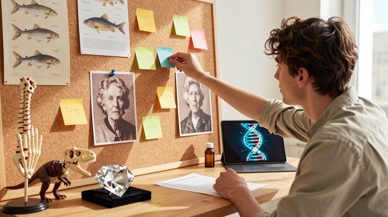 Homem a analisar fotos, post-its e imagens científicas numa secretária com modelo de esqueleto e dinossauro.