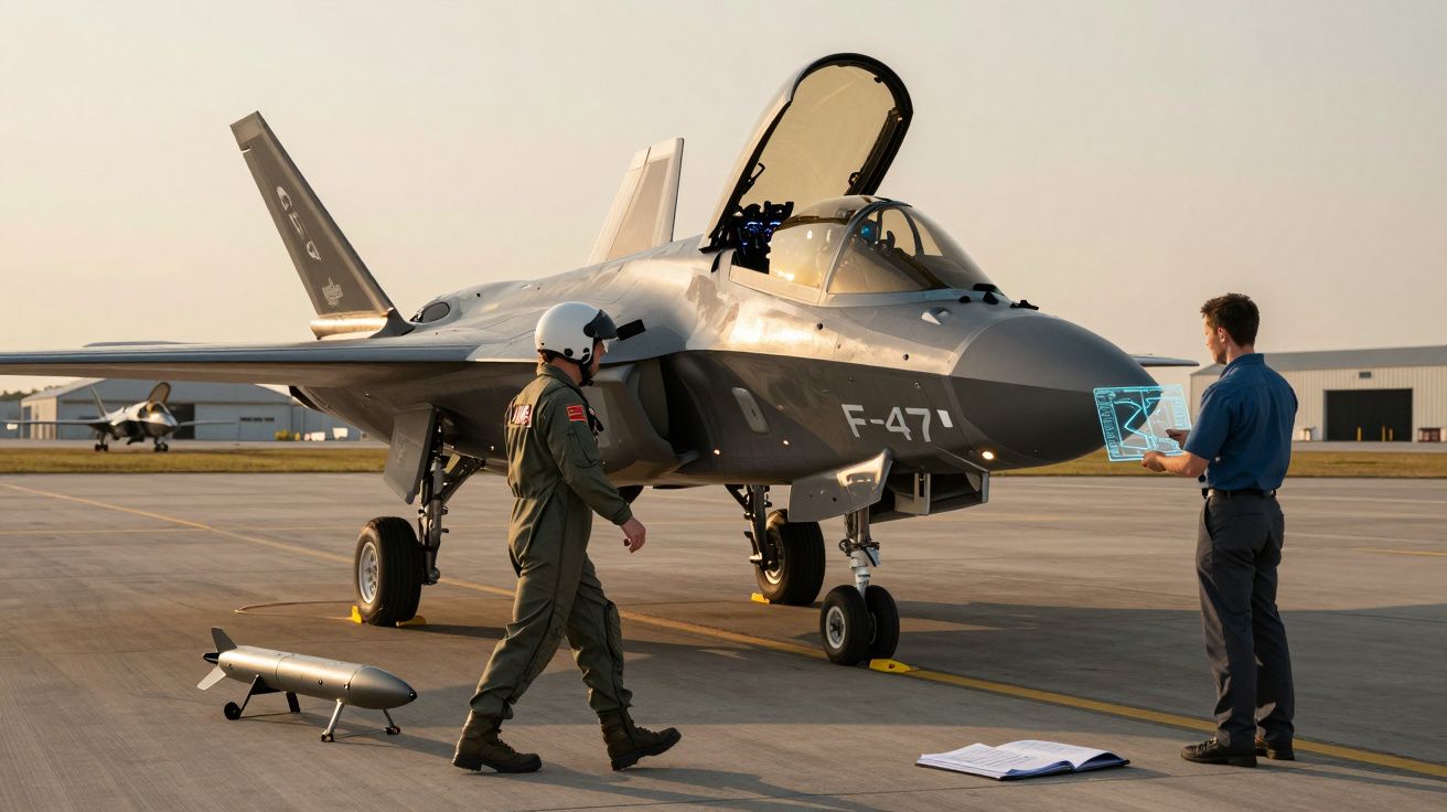 Caça militar F-47 no aeroporto com piloto a caminhar e técnico a usar tablet com holograma.