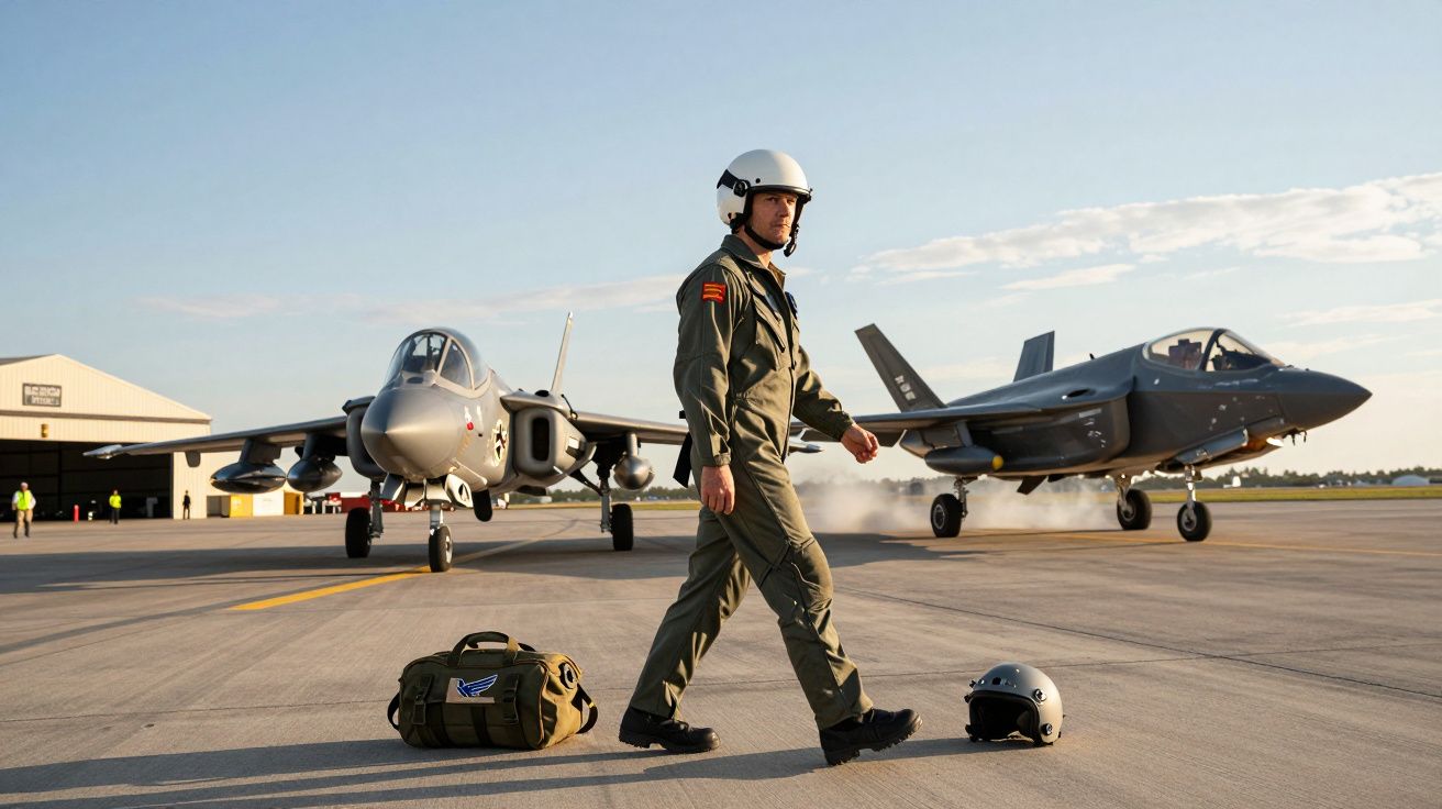 Piloto militar com fato de voo e capacete caminha em pista ao lado de duas aeronaves de combate estacionadas.