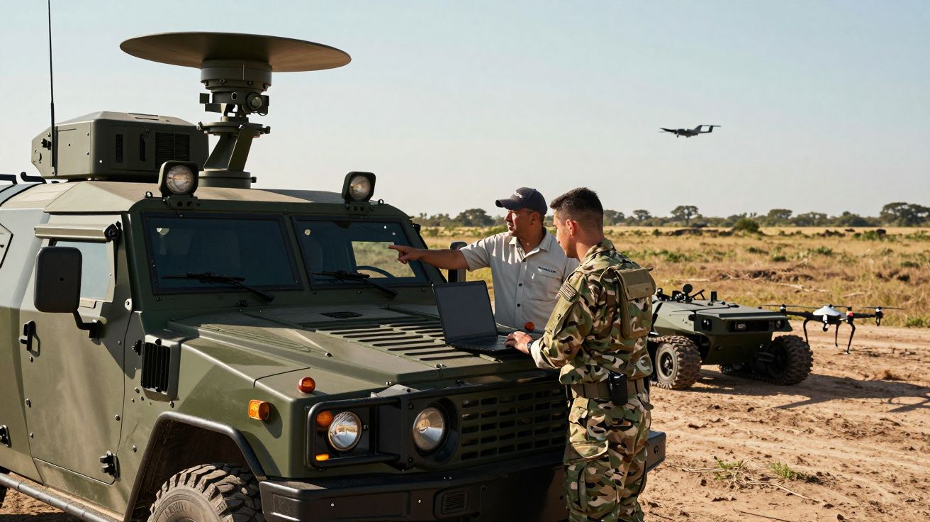 Dois militares junto a veículo militar com tecnologia, drones no chão e voo em área aberta.
