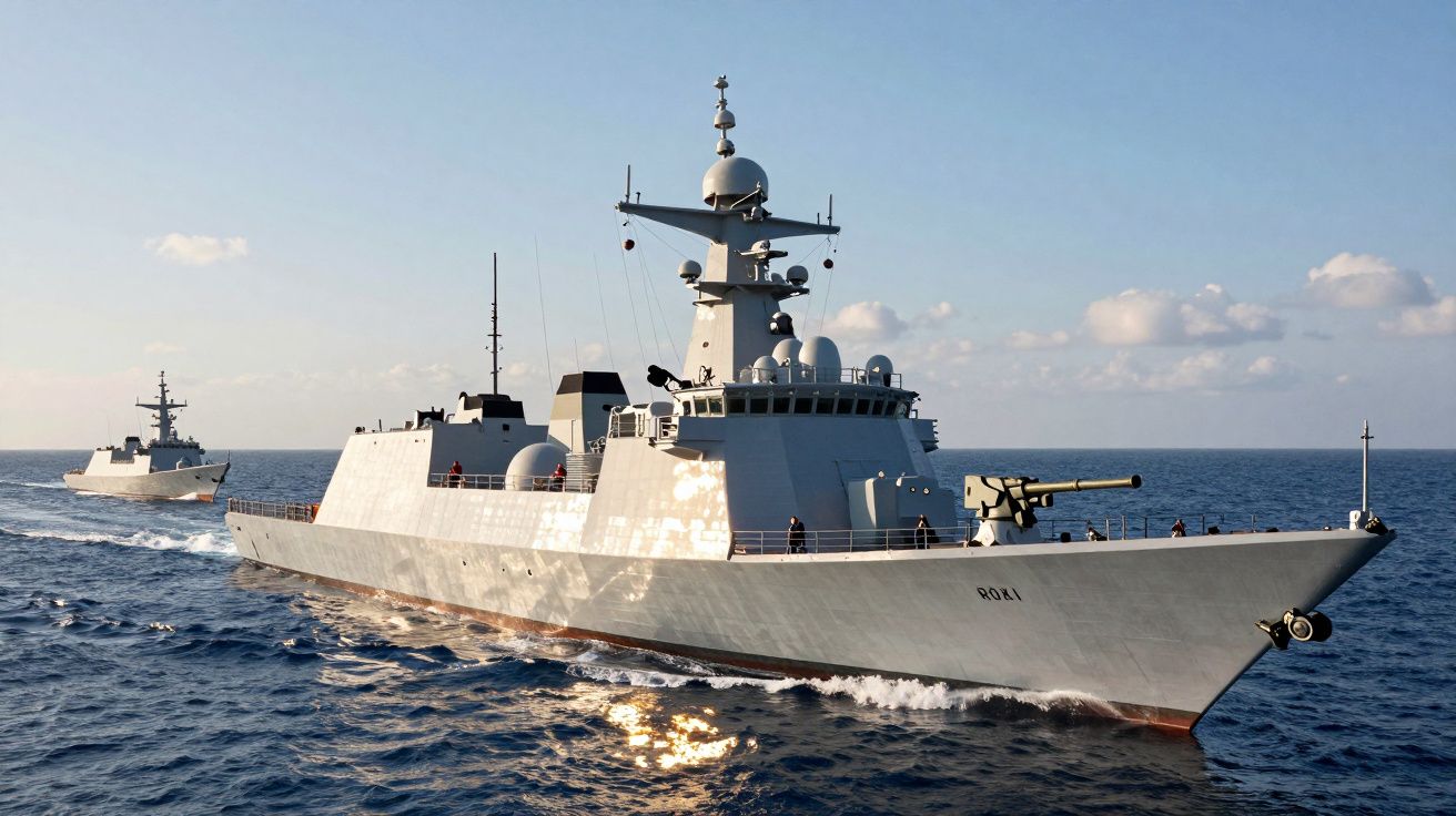 Dois navios militares cinzentos a navegar no mar sob céu parcialmente nublado.