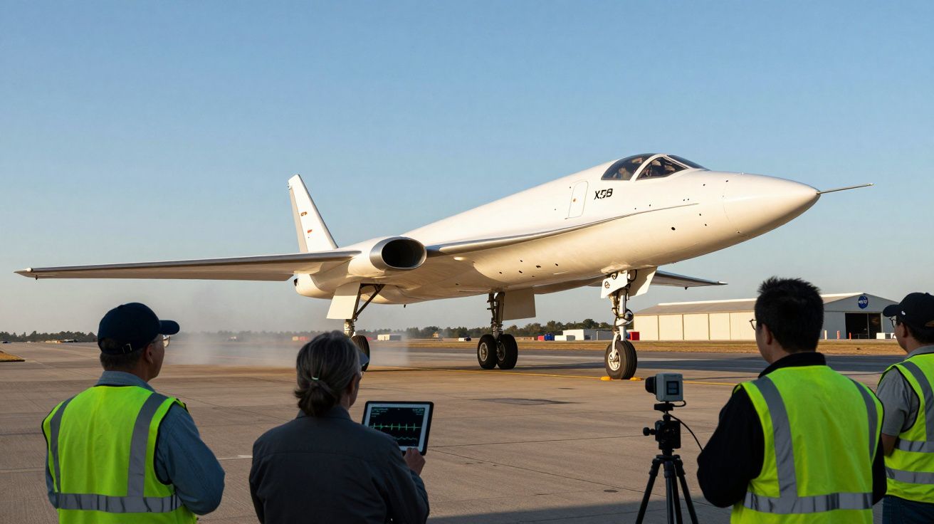 Avião X-59 a avançar na pista com quatro técnicos a monitorizar o voo em equipamento de medição.