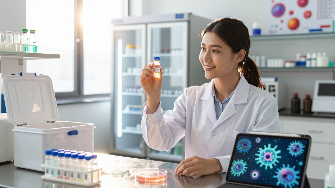 Cientista em laboratório analisa frasco com líquido, computador mostra imagens de vírus coloridos.