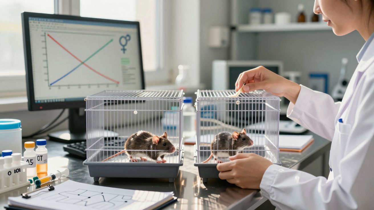 Cientista a alimentar ratos em gaiolas durante experimento em laboratório com gráfico no ecrã ao fundo.