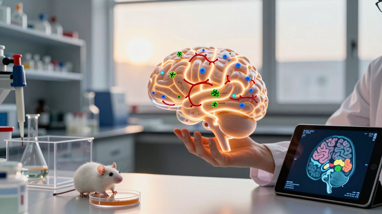Cérebro digital flutuante nas mãos de cientista com rato branco e tablet em laboratório.