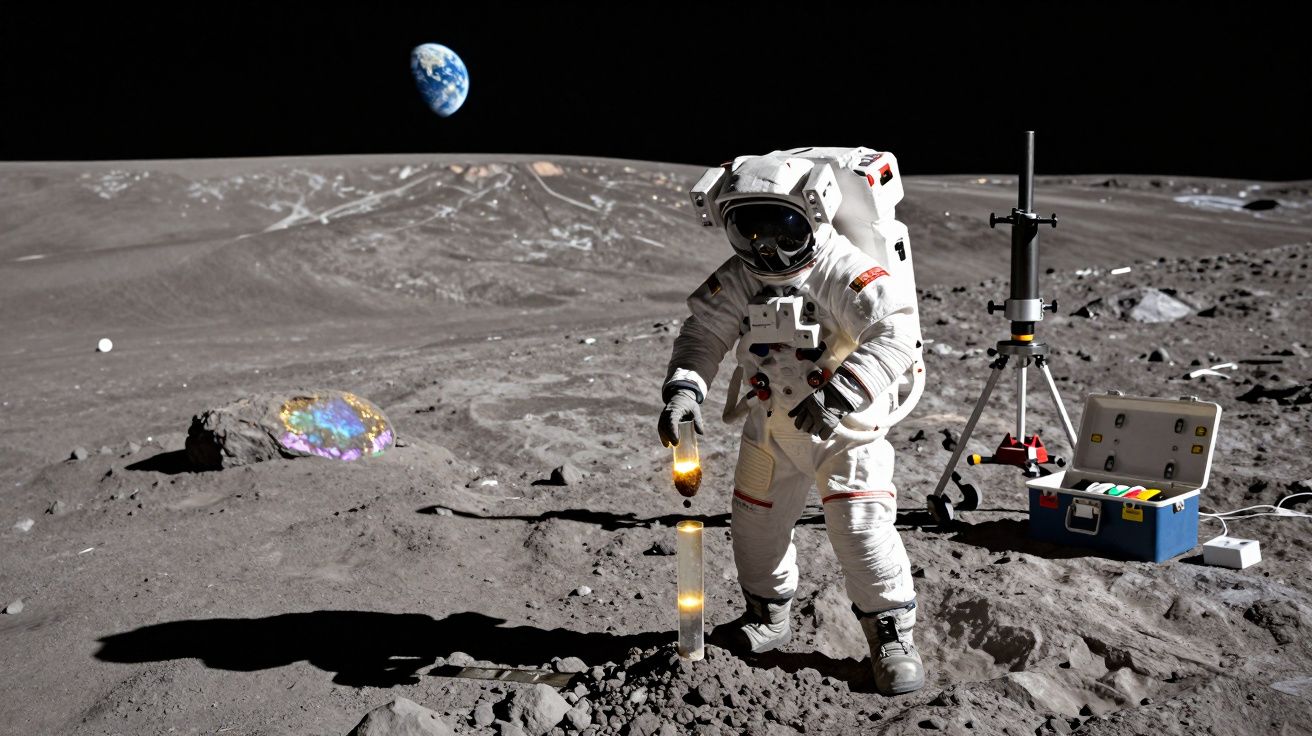 Astronauta em fato espacial a recolher amostras do solo lunar com a Terra visível no horizonte.