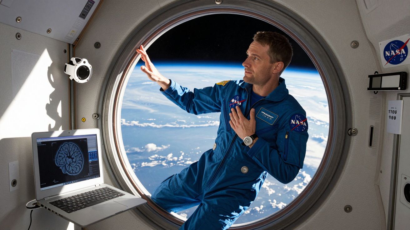Astronauta na estação espacial olha pela janela redonda com vista da Terra e computador com imagem cerebral.