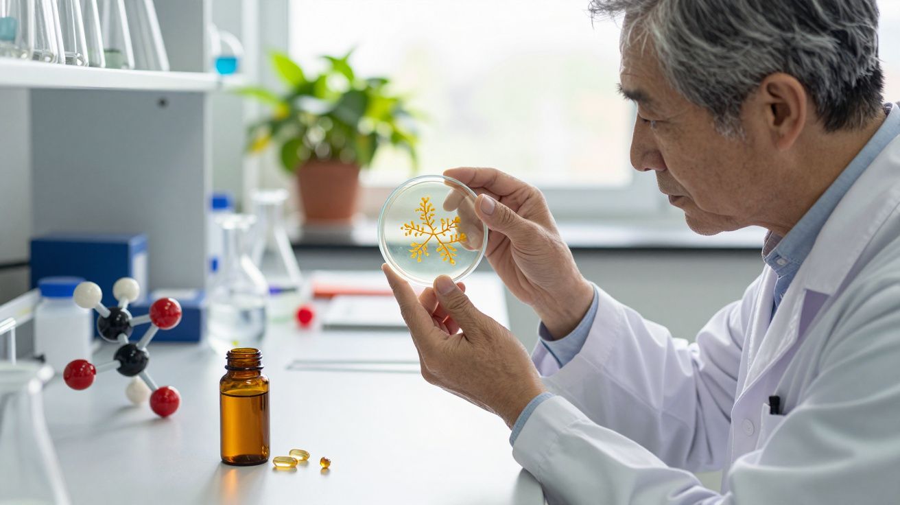 Cientista em laboratório observa cultura de microrganismos em placa de Petri com desenho amarelo.