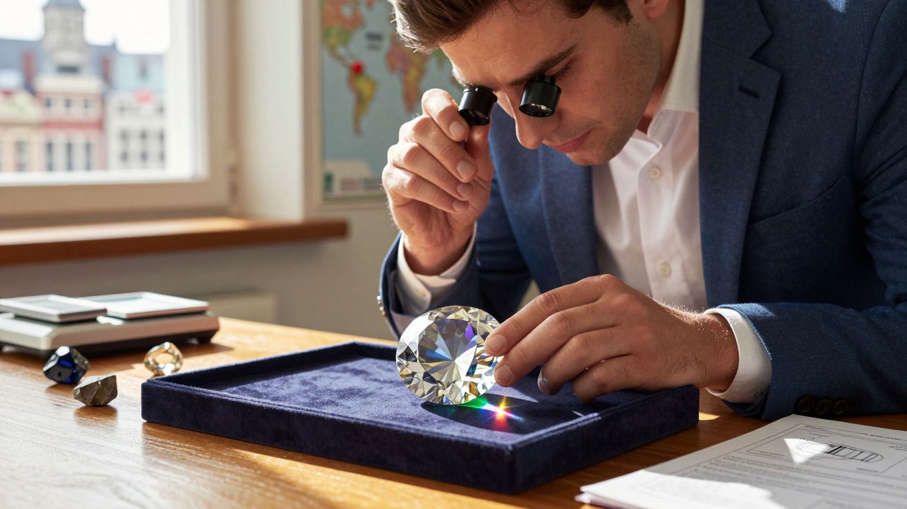 Homem a examinar brilhante grande numa bandeja azul escura com lupa ótica num escritório iluminado.