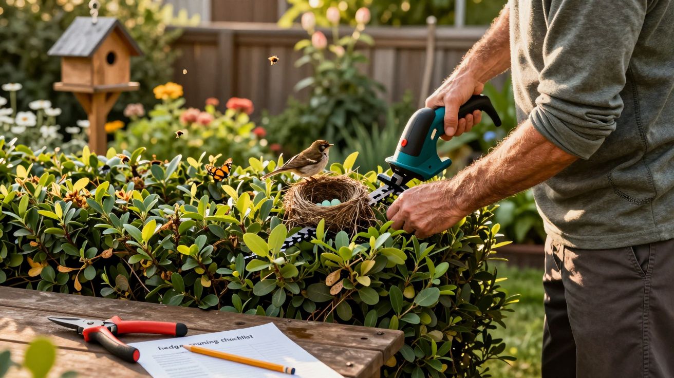 Pessoa a cortar sebe junto a ninho com ovos e pássaro, em jardim com flores, tesoura e lista numa mesa de madeira.