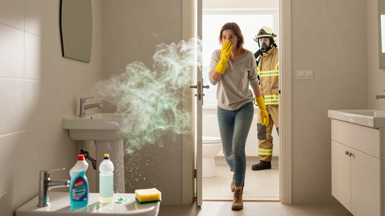 Mulher assustada a tapar o nariz devido a fumos tóxicos numa casa de banho, com bombeiro ao fundo.