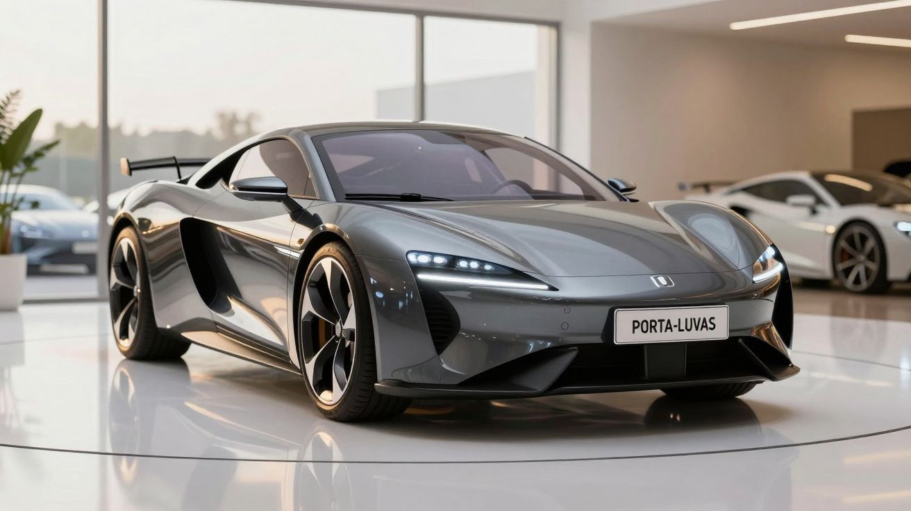 Carro desportivo cinzento metálico exibido num salão moderno, com faróis LED acesos e design aerodinâmico.