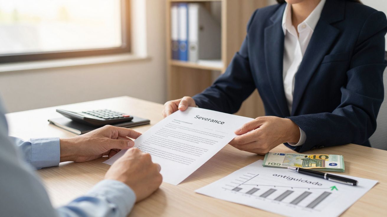 Duas pessoas em reunião, uma entrega documento intitulado "Severance" a outra, sobre mesa com dinheiro e gráfico.
