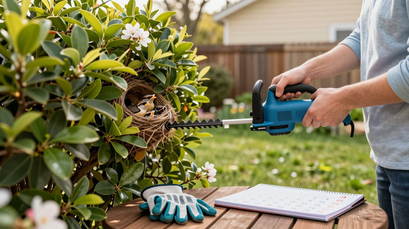 Pessoa a usar tesoura elétrica para podar arbusto com ninho de pássaros com filhotes ao sol num jardim.