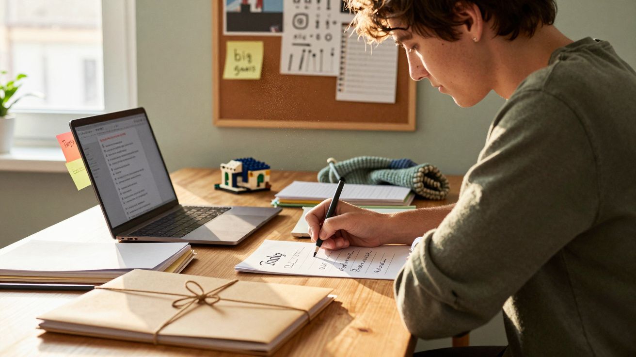 Pessoa jovem a escrever em folhas numa mesa de madeira com computador portátil aberto e vários objetos ao redor.