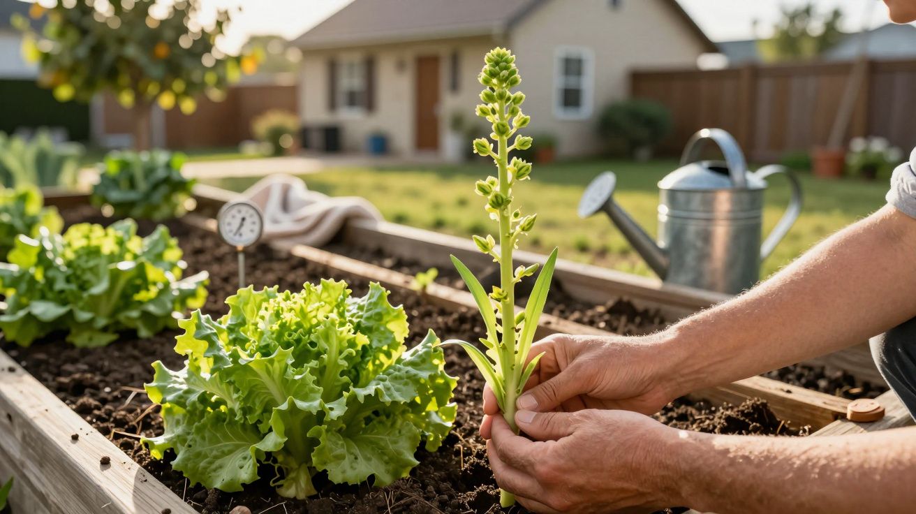 Pessoa a cuidar de plantas num canteiro elevado no jardim com uma casa ao fundo.