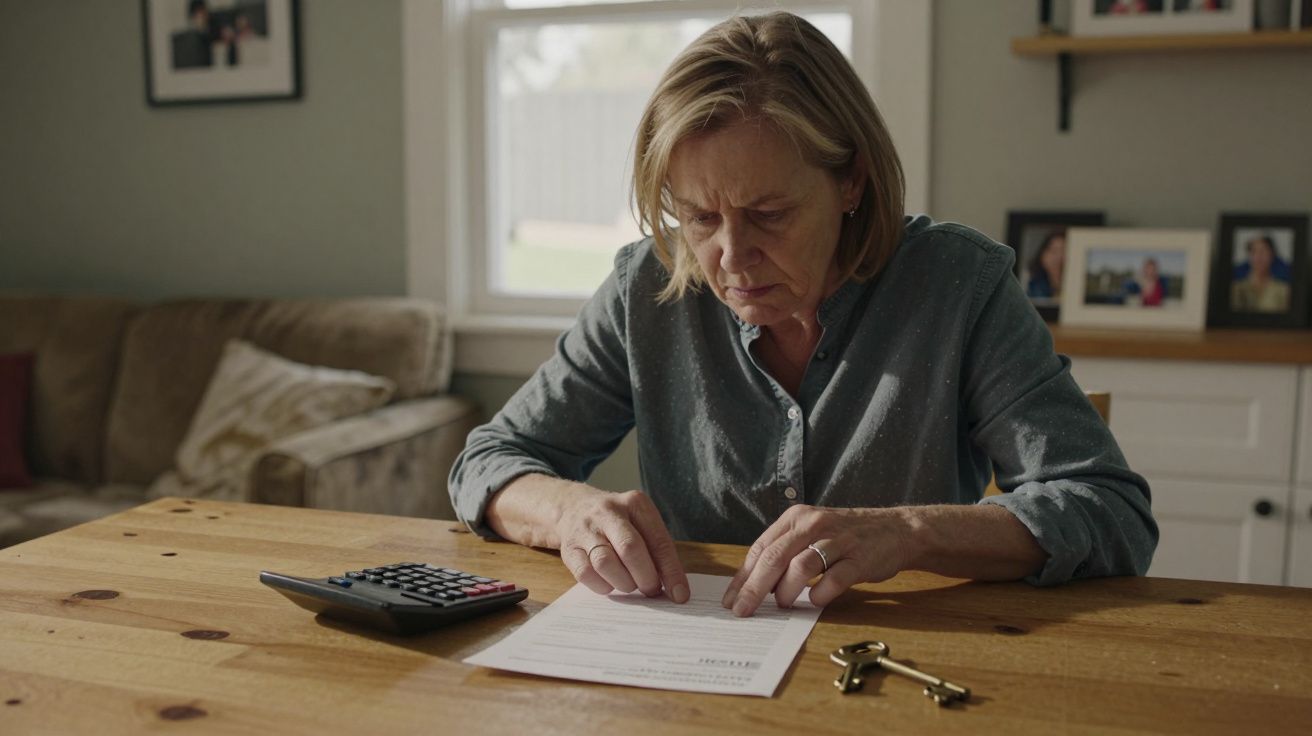 Mulher de meia-idade sentada a ler e analisar uma fatura com calculadora e chave na mesa de madeira.