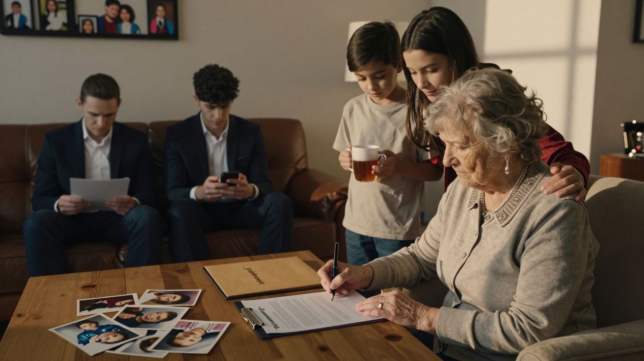 Senhora idosa a assinar um documento enquanto duas crianças e dois jovens esperam numa sala de estar.