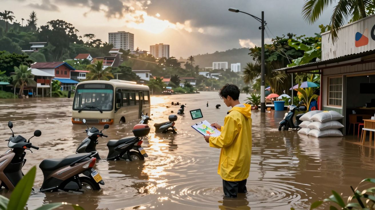Homem com casaco amarelo observa mapa digital em rua inundada com motos e autocarro submersos.