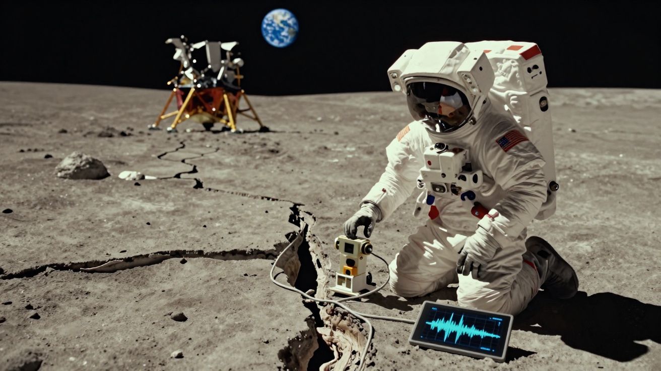 Astronauta na superfície lunar a estudar uma fenda com equipamento científico, módulo lunar e Terra ao fundo.