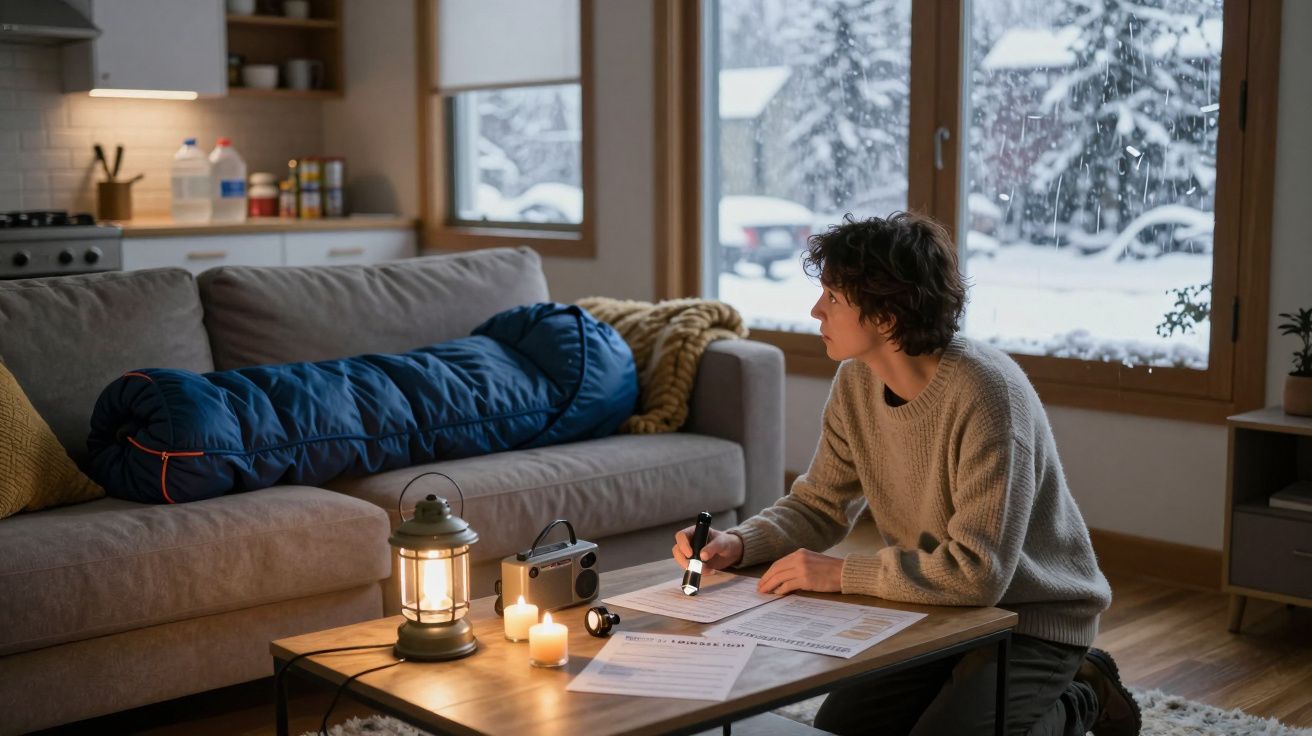 Pessoa sentada no chão a analisar documentos, com janela com neve ao fundo e luzes suaves na sala.