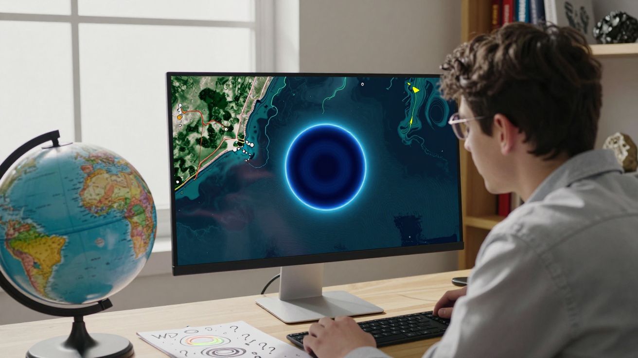 Jovem sentado a olhar para um ecrã de computador com mapa e círculo azul brilhante, globo terrestre na mesa.