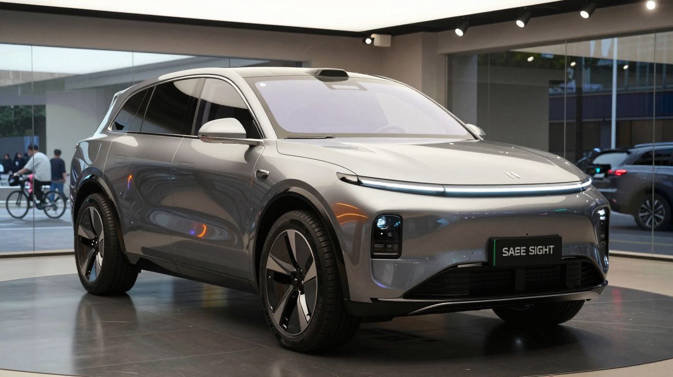 Carro elétrico cinza moderno estacionado em espaço interior com janelas amplas e pessoas ao fundo.