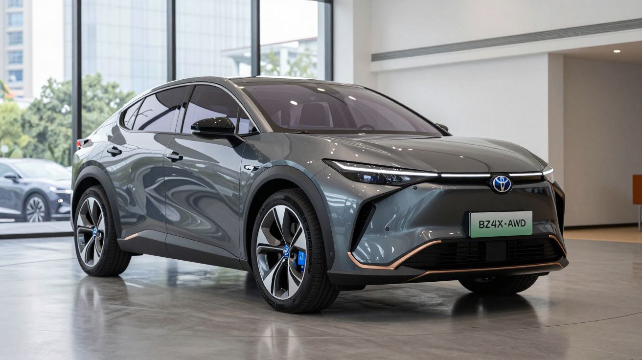 Veículo elétrico Toyota BZ4X AWD cinza mostrado em ambiente interior moderno com chão reflexivo.
