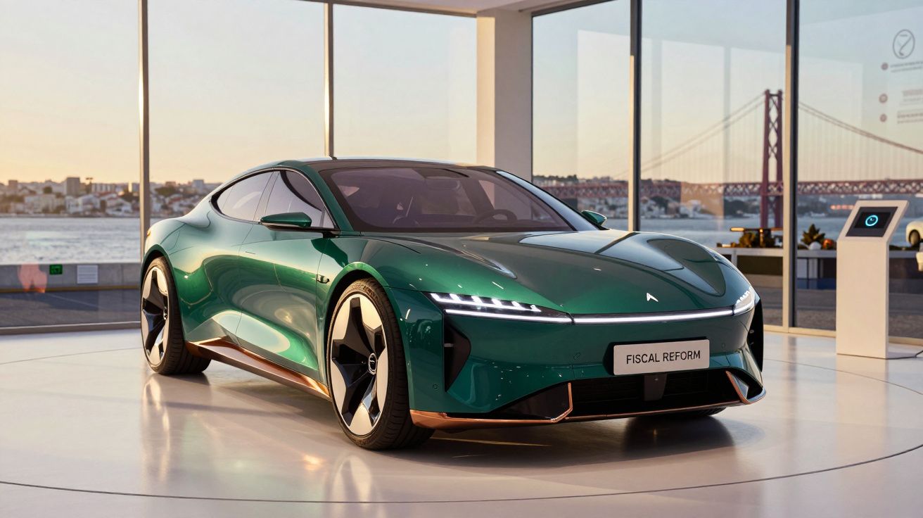 Carro desportivo elétrico verde com detalhes em cobre numa exposição junto a janelas com vista para uma ponte.