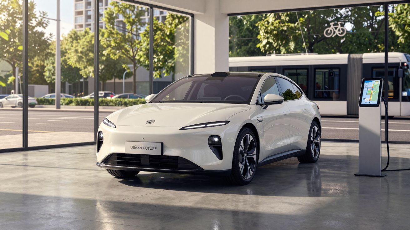 Carro elétrico branco estacionado em posto de carregamento dentro de edifício com janelas grandes.