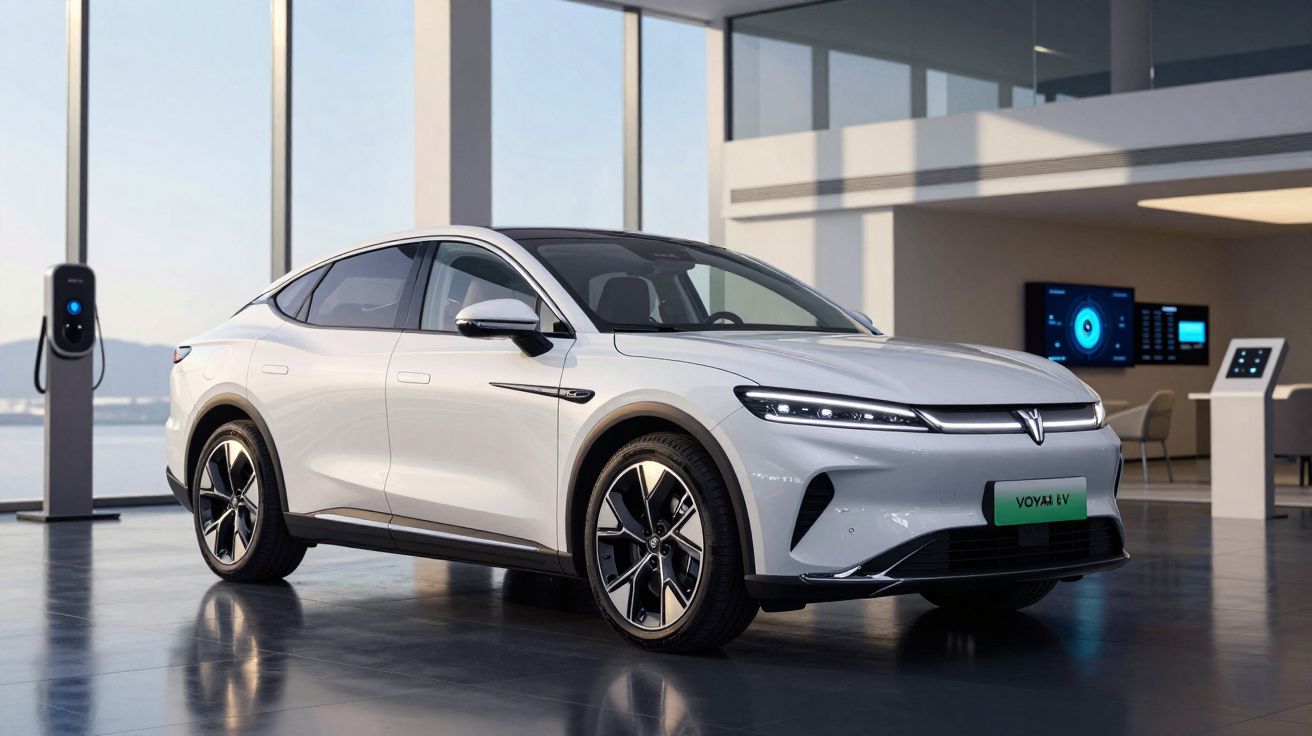 Carro elétrico branco estacionado em showroom moderno com iluminação natural e estação de carregamento.