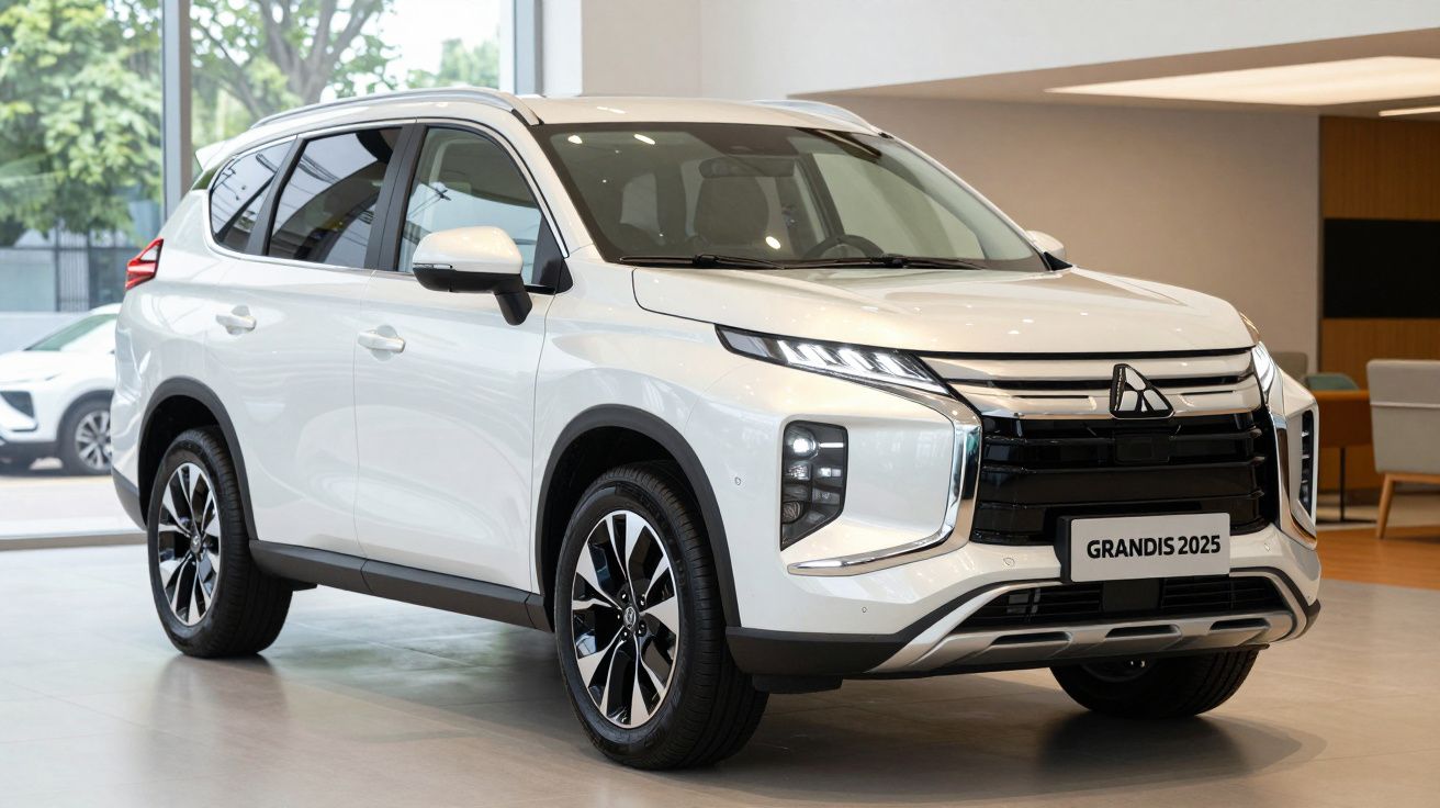 Carro SUV Mitsubishi Grandis 2025 branco em exposição interior moderna.