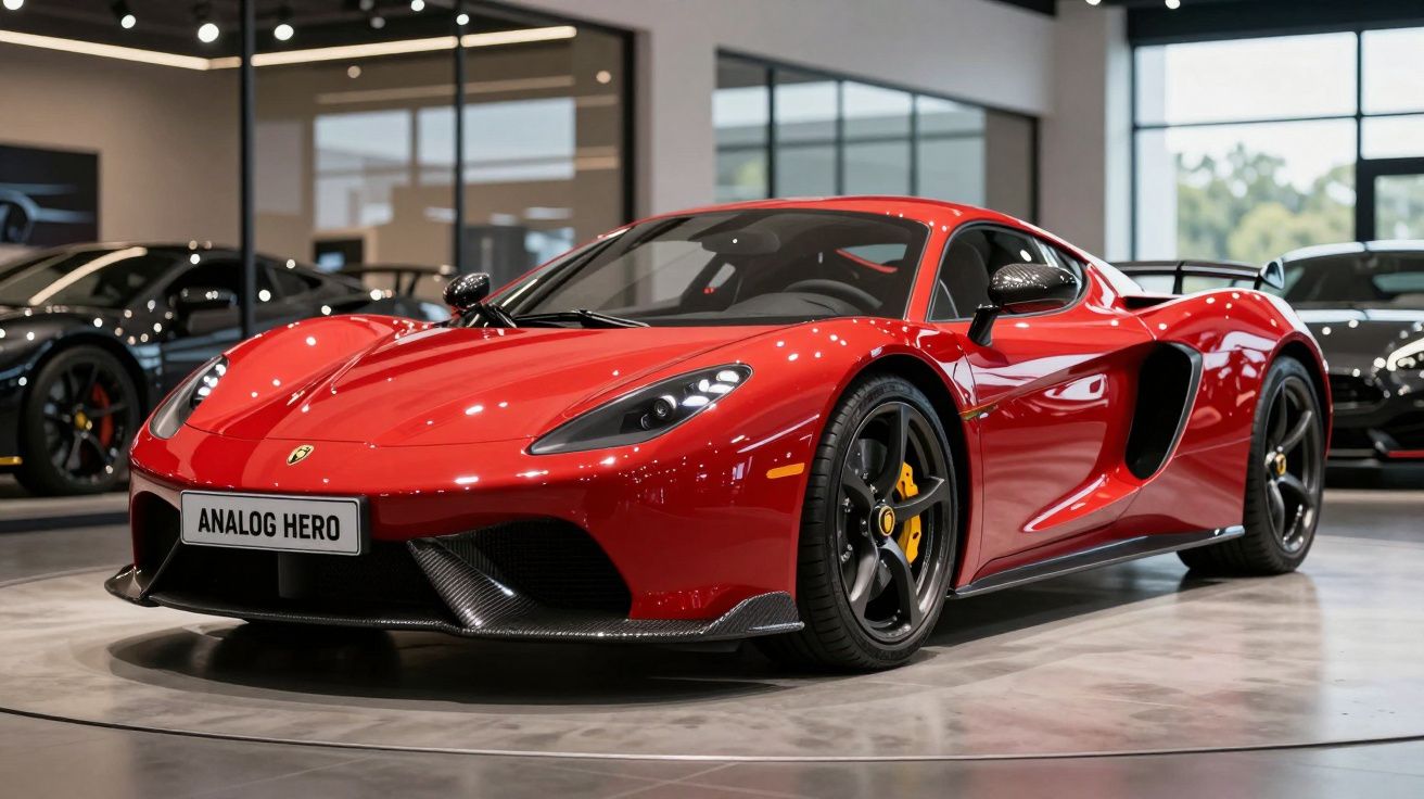 Carro desportivo vermelho com detalhes em carbono num showroom moderno com outras viaturas ao fundo.