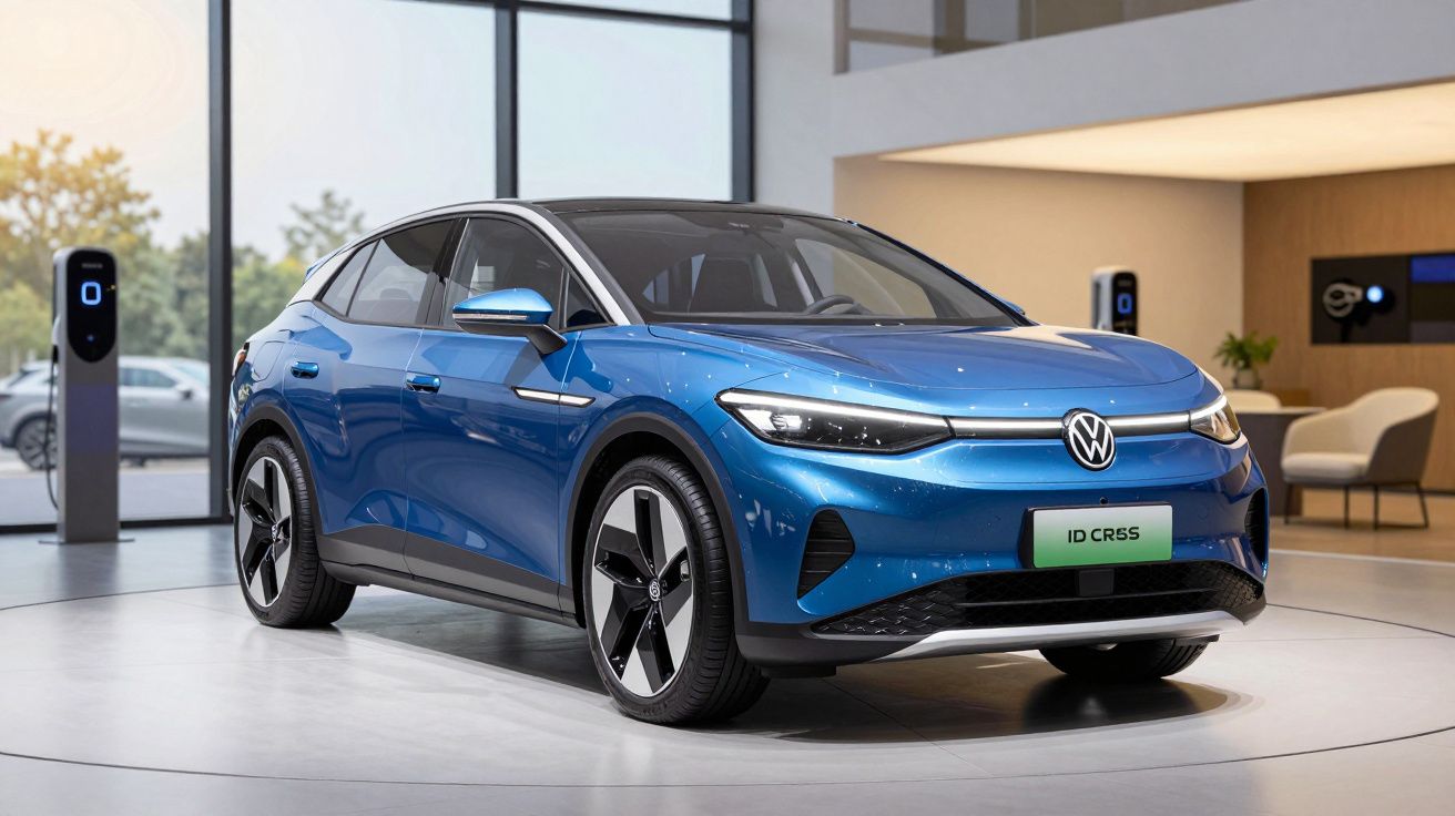 Carro elétrico azul Volkswagen ID. Crozz estacionado em showroom moderno com estações de carregamento ao fundo.