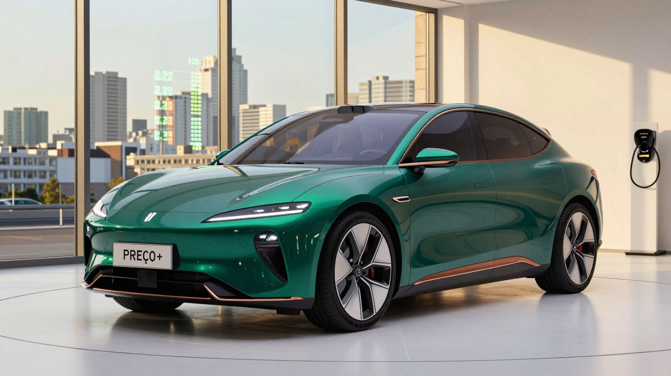 Carro elétrico verde estacionado em sala moderna com janelas amplas e carregador elétrico na parede.