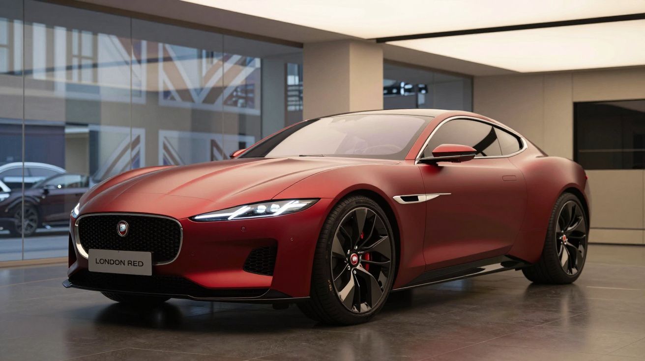 Carro desportivo Jaguar vermelho fosco estacionado em showroom moderno com iluminação branca no teto.