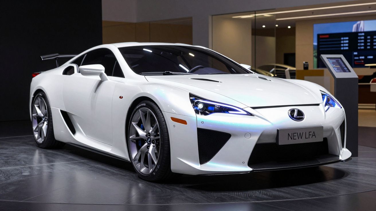 Carro desportivo branco Lexus New LFA apresentado em exposição interior com faróis acesos.