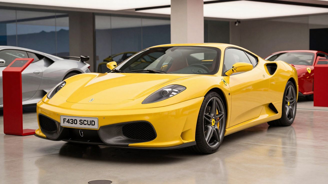Carro desportivo amarelo Ferrari F430 Scuderia estacionado em ambiente de exposição interior.