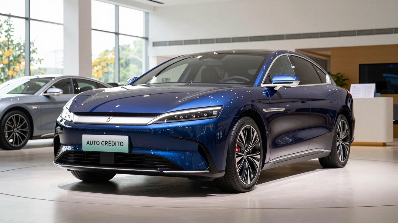 Carro elétrico azul brilhante exibido em showroom moderno com iluminação natural.