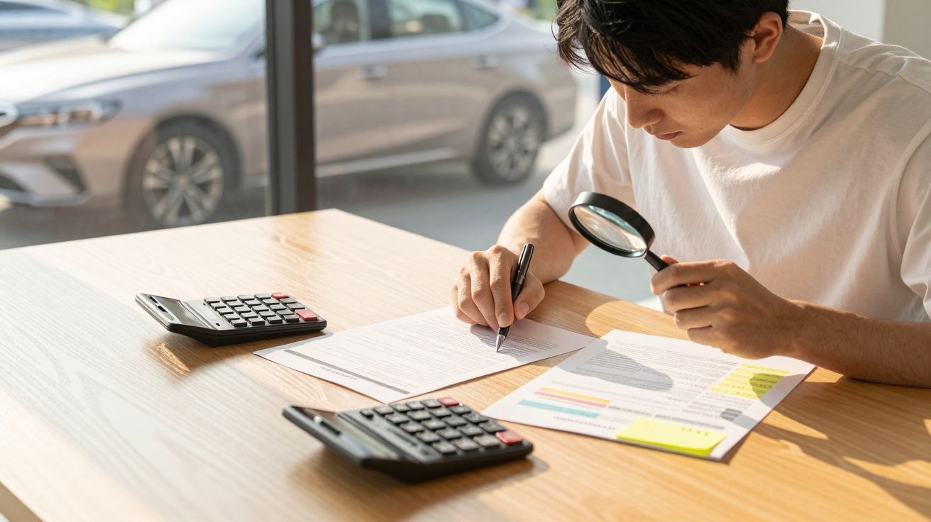 Homem jovem analisa documentos com lupa e caneta, com calculadoras numa mesa de madeira clara.
