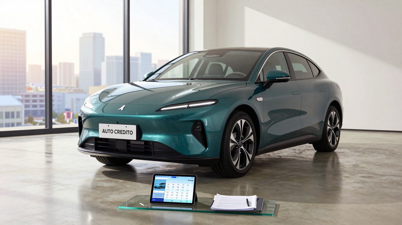 Carro elétrico verde escuro estacionado em showroom moderno com tablet e documentos em vidro no chão.