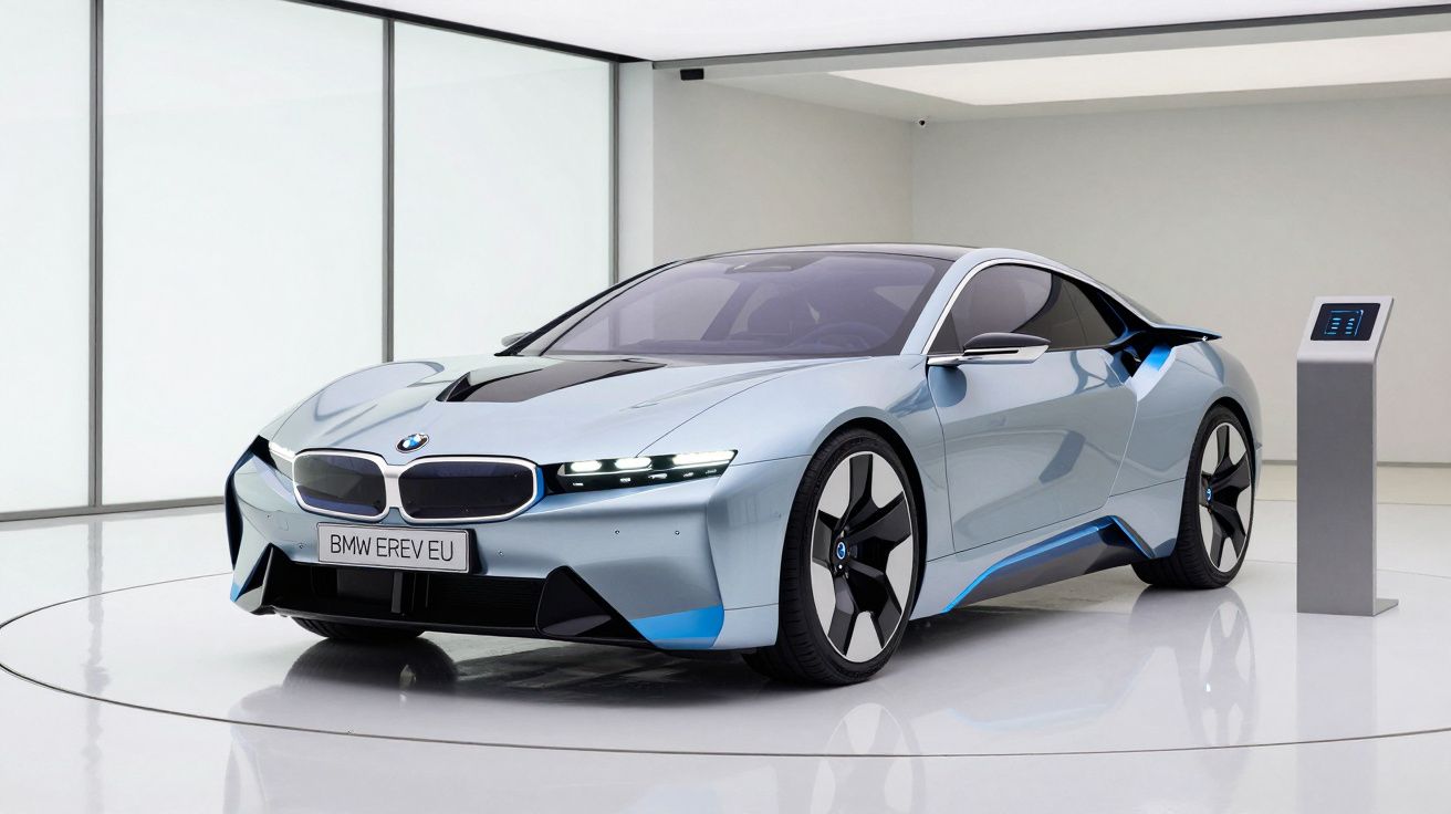 Carro eléctrico BMW futurista prata com detalhes azuis em ambiente minimalista branco e suporte digital ao lado.