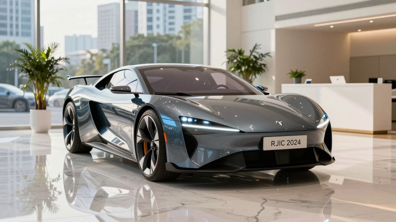 Carro desportivo elétrico cinzento exibido numa sala de exposição moderna com chão de mármore.