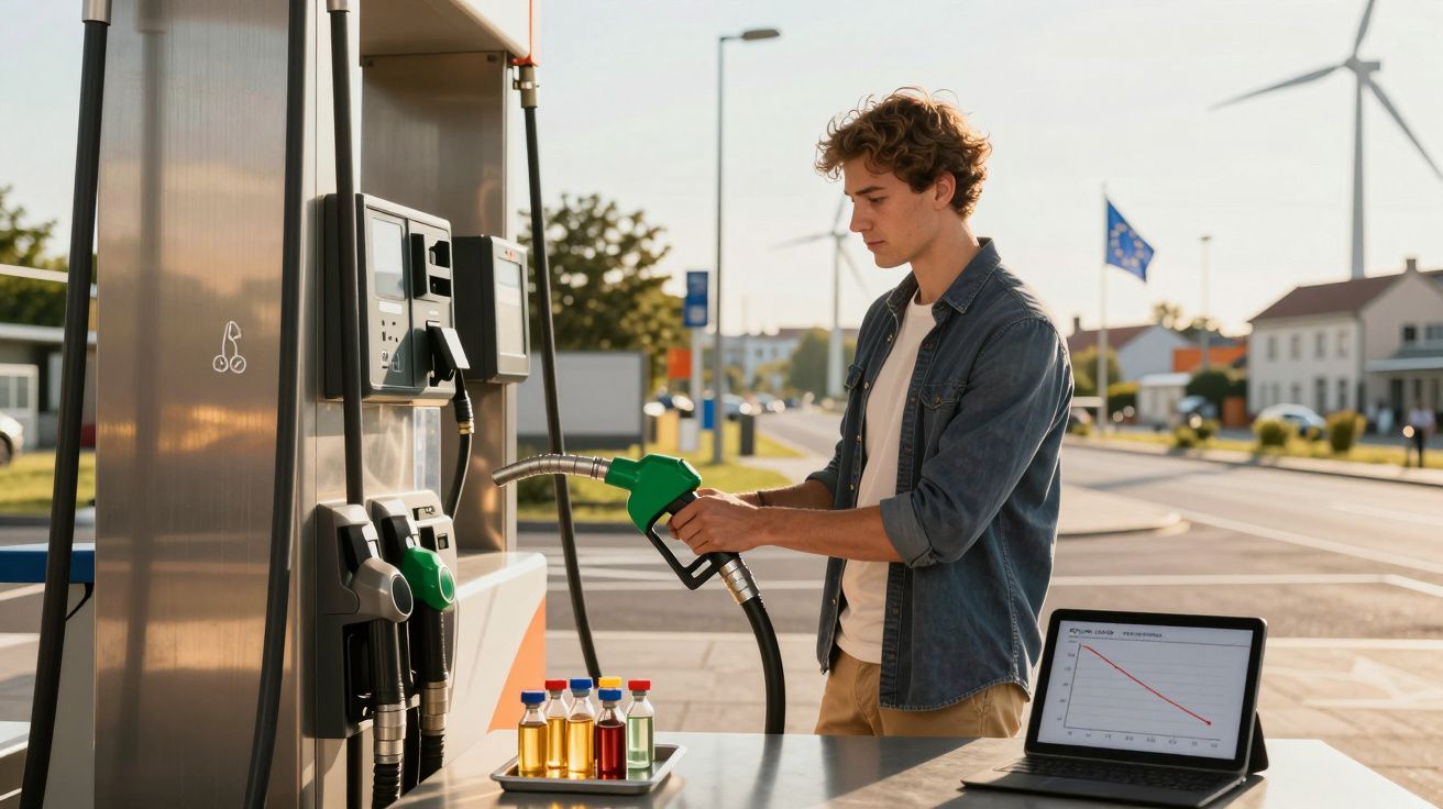 Homem jovem numa bomba de gasolina segura cabo de combustível com gráfico decrescente no ecrã de computador próximo.