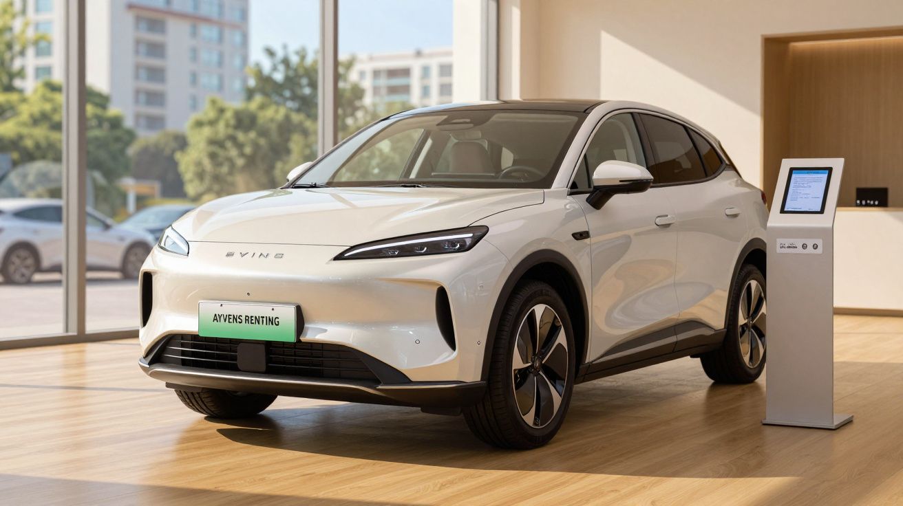 Carro elétrico branco exposto numa sala com janelas grandes e painéis de informação ao lado.