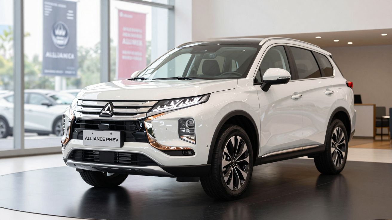 Carro SUV branco Mitsubishi Alliance PHEV exposto em showroom moderno com grandes janelas.