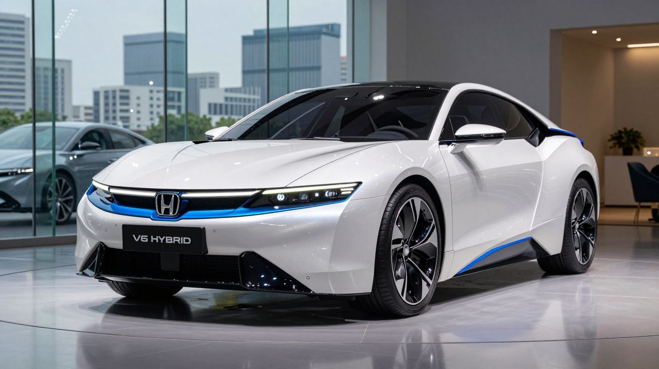 Carro Honda V6 Hybrid branco exposto em salão moderno com janelas grandes e vista urbana.