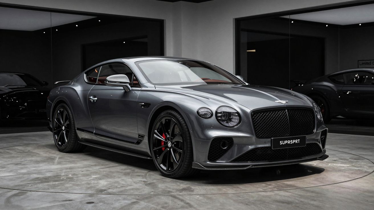 Carro de luxo cinzento metalizado Bentley Continental GT estacionado numa sala moderna com chão de cimento polido.