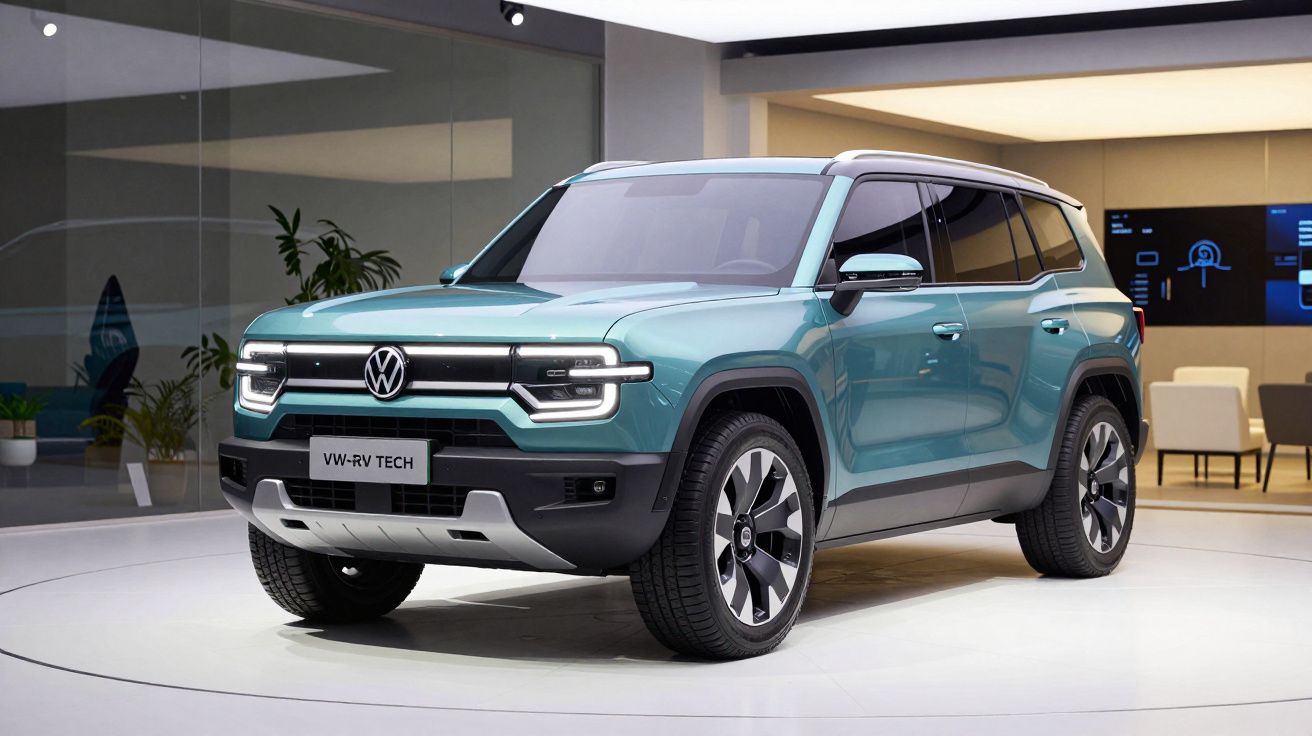 SUV Volkswagen VW-RV Tech azul em exposição num espaço com chão branco e paredes de vidro.